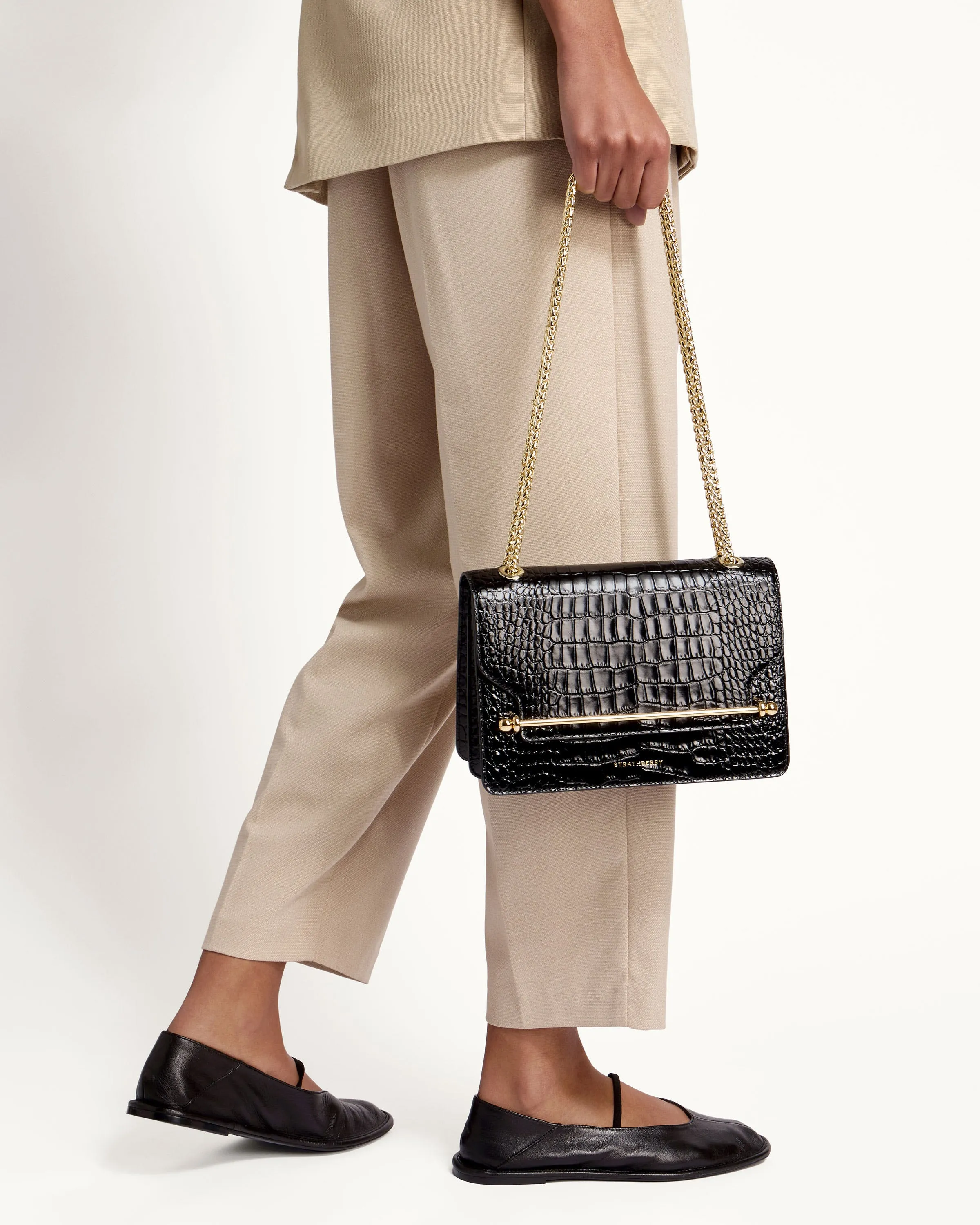East/West - Croc-Embossed Leather Black