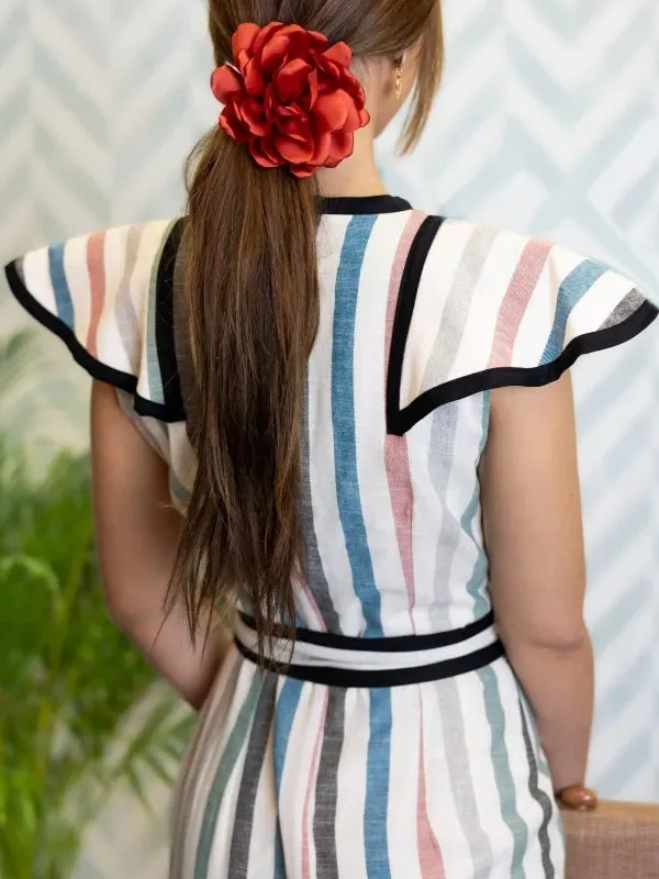 Elegant Striped Print Lace Up Midi Dress