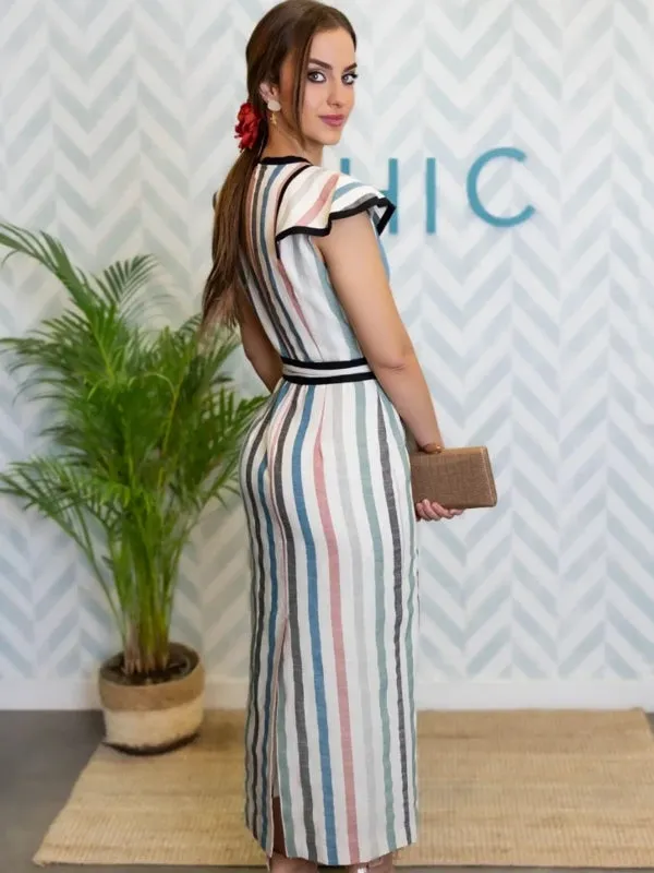 Elegant Striped Print Lace Up Midi Dress
