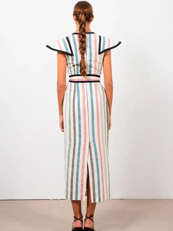 Elegant Striped Print Lace Up Midi Dress