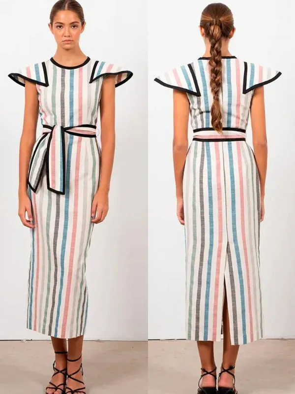 Elegant Striped Print Lace Up Midi Dress