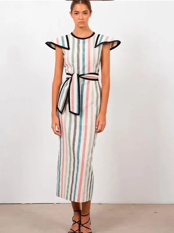 Elegant Striped Print Lace Up Midi Dress