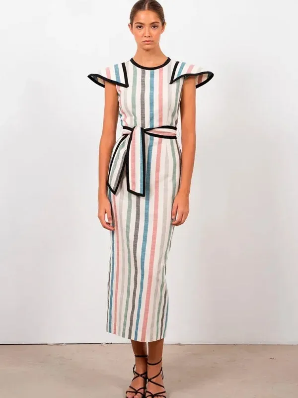Elegant Striped Print Lace Up Midi Dress