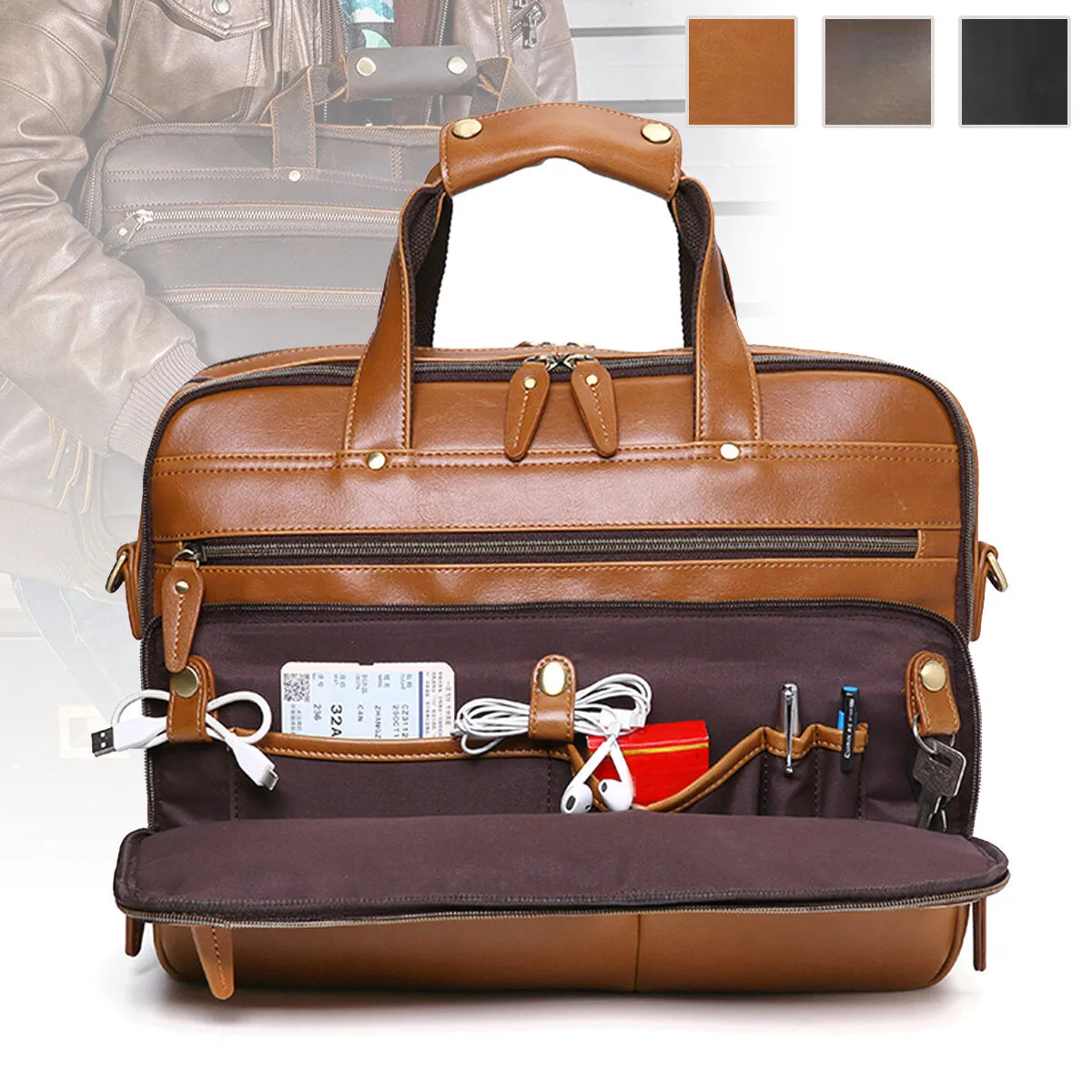 Faux Leather Large Capacity Vintage 14 Inch Laptop Handbag Crossbody Bag