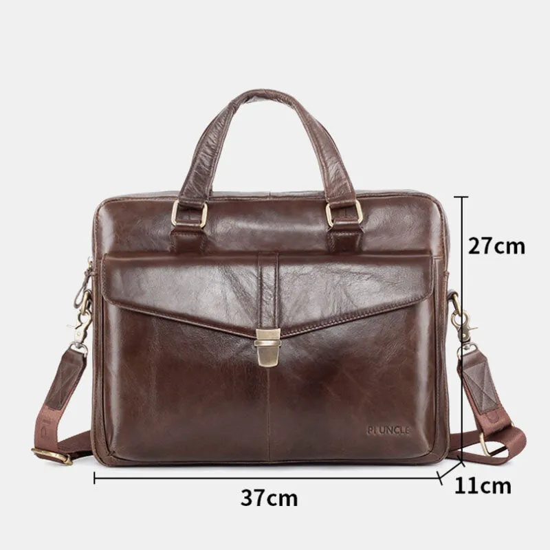 Men Genuine Leather Multi-function Retro Solid Color Large Capacity Handbag Shoulder Bag Cross Body Bag