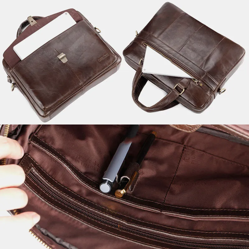 Men Genuine Leather Multi-function Retro Solid Color Large Capacity Handbag Shoulder Bag Cross Body Bag