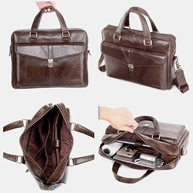 Men Genuine Leather Multi-function Retro Solid Color Large Capacity Handbag Shoulder Bag Cross Body Bag