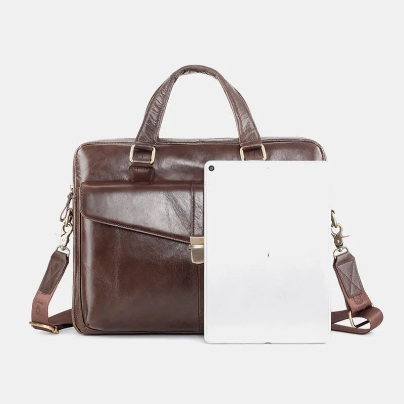 Men Genuine Leather Multi-function Retro Solid Color Large Capacity Handbag Shoulder Bag Cross Body Bag