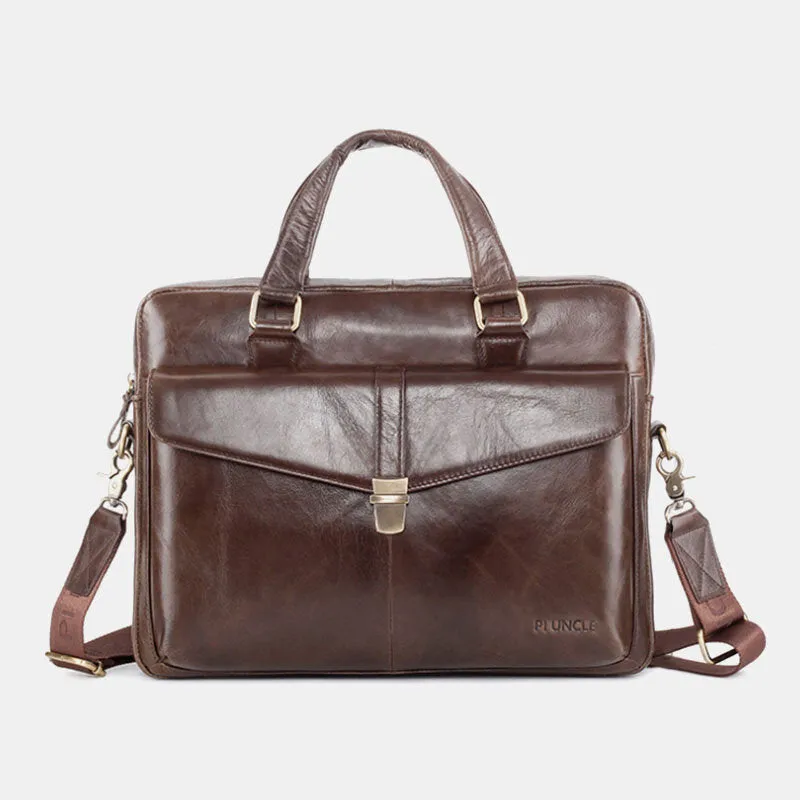 Men Genuine Leather Multi-function Retro Solid Color Large Capacity Handbag Shoulder Bag Cross Body Bag