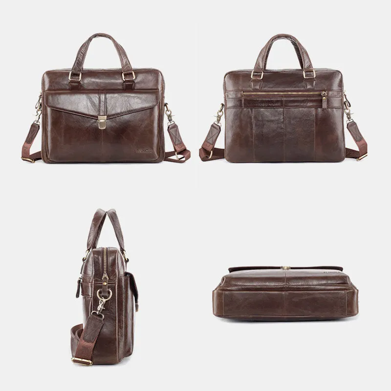 Men Genuine Leather Multi-function Retro Solid Color Large Capacity Handbag Shoulder Bag Cross Body Bag
