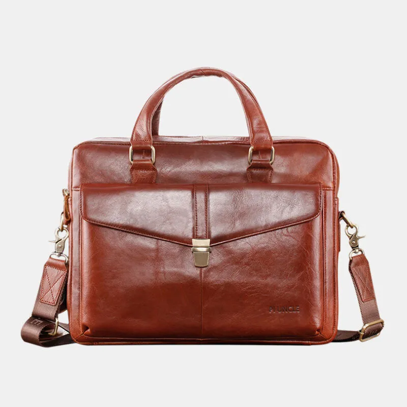 Men Genuine Leather Multi-function Retro Solid Color Large Capacity Handbag Shoulder Bag Cross Body Bag