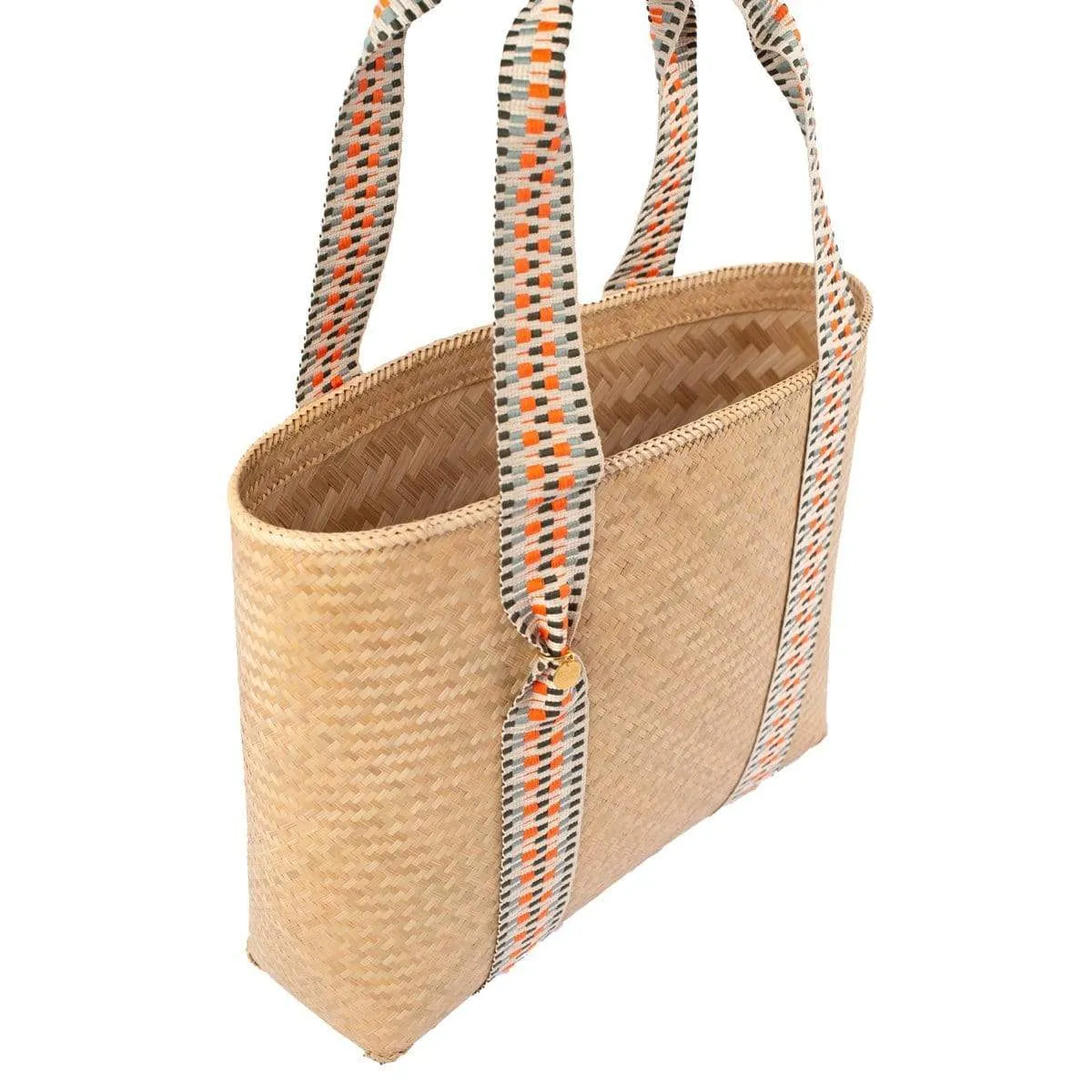 Mentawai Handwoven Bamboo Vegan Medium Tote Bag Orange Straps | Natural