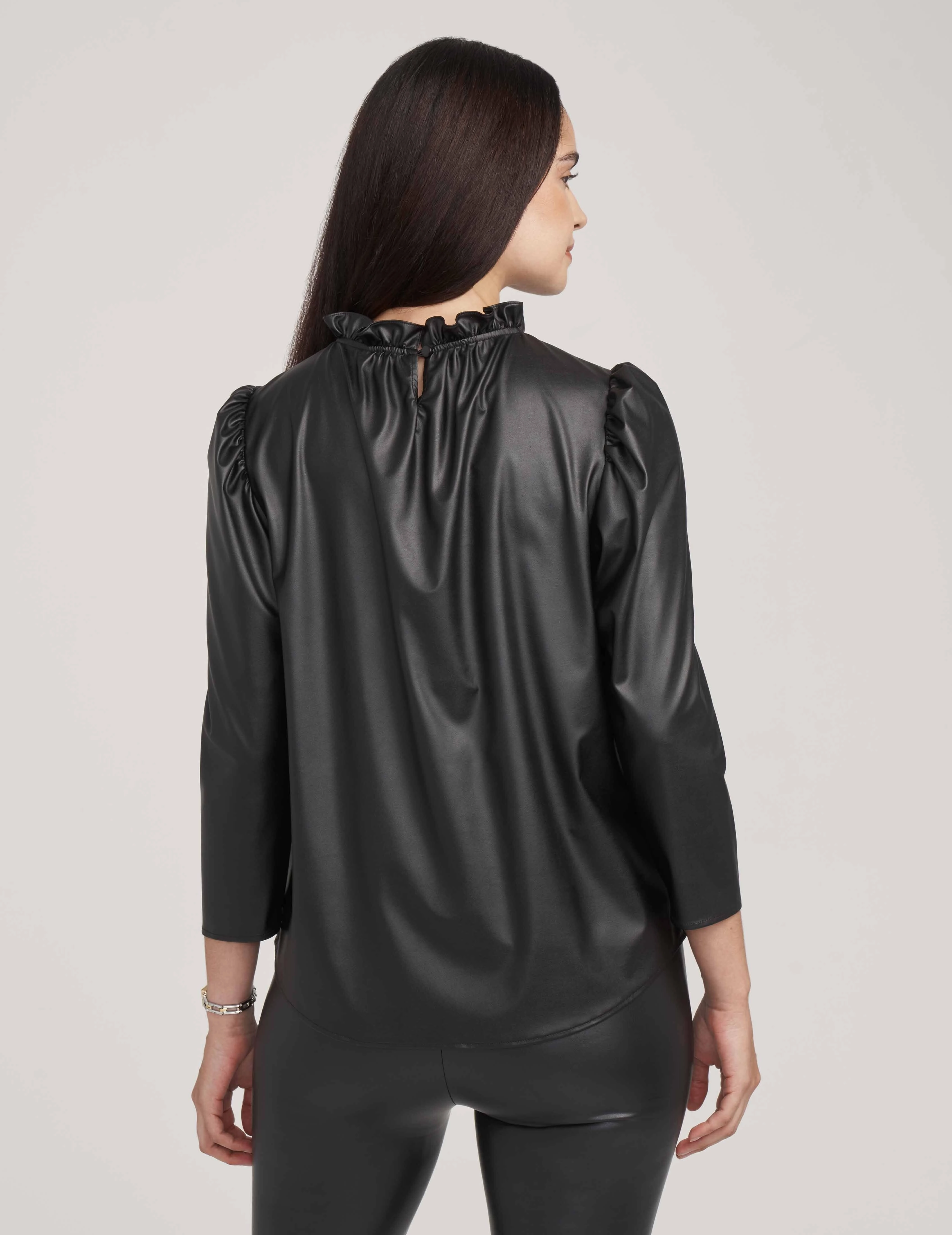 Ruffle Neck Vegan Leather Blouse- Sale