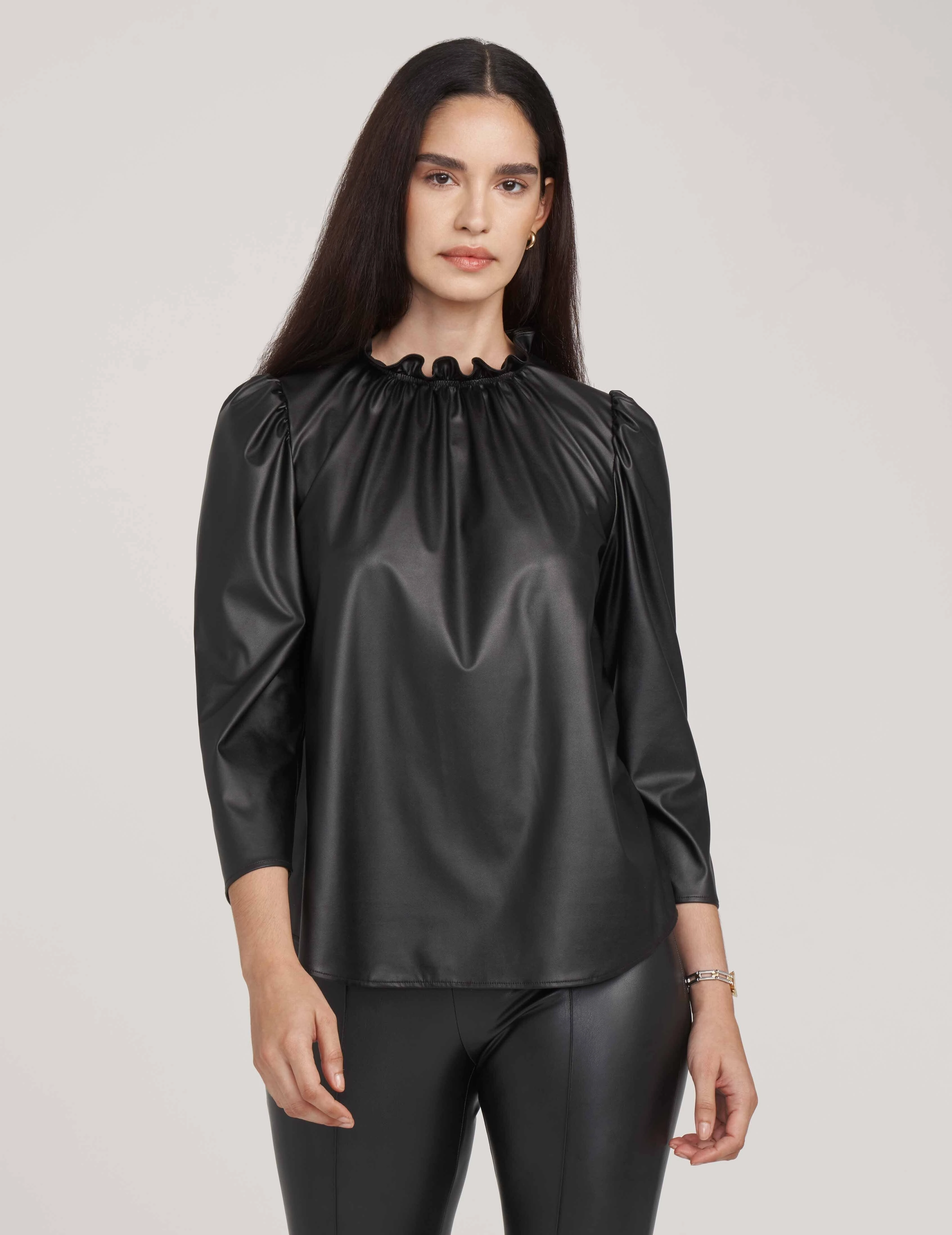Ruffle Neck Vegan Leather Blouse- Sale