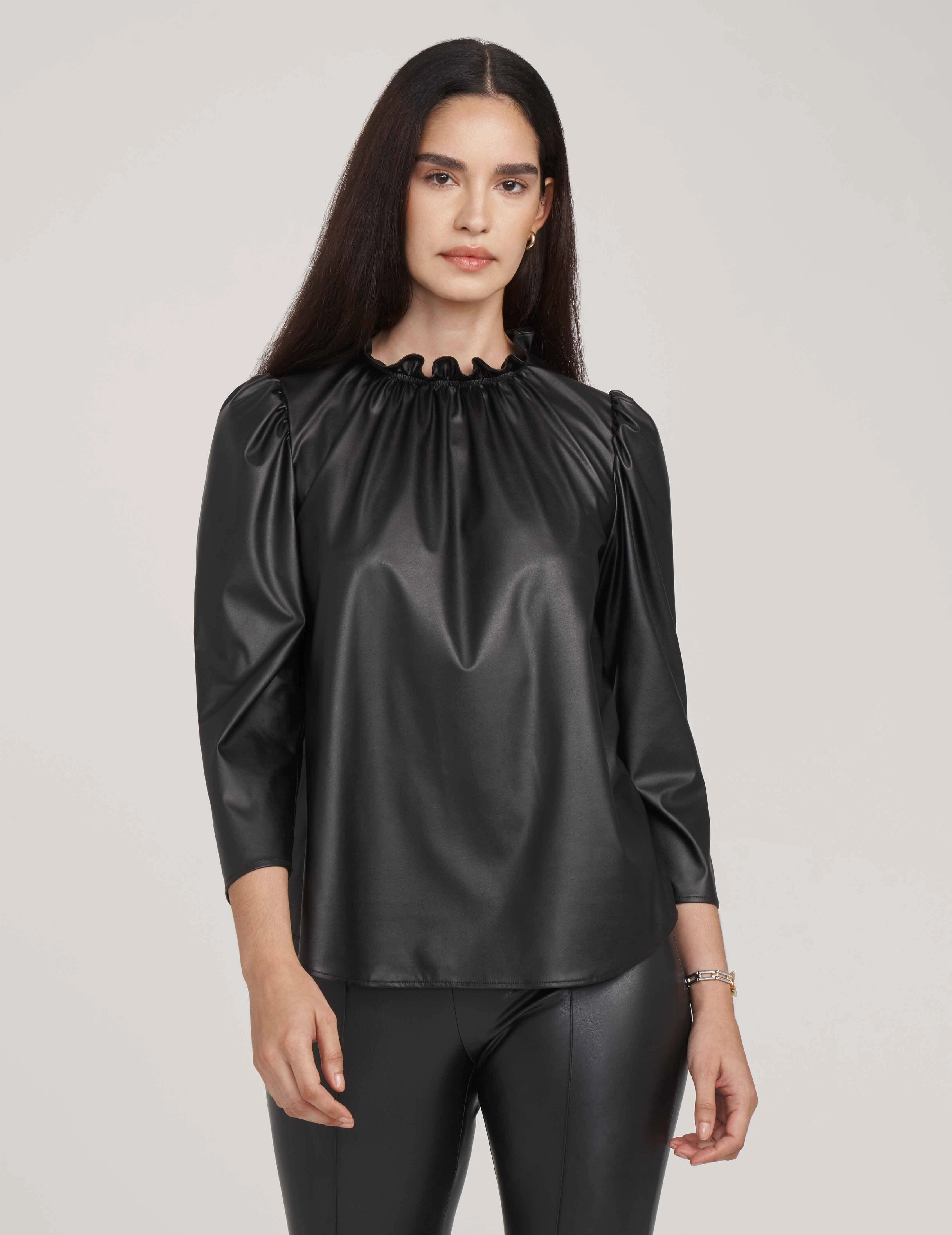 Ruffle Neck Vegan Leather Blouse- Sale