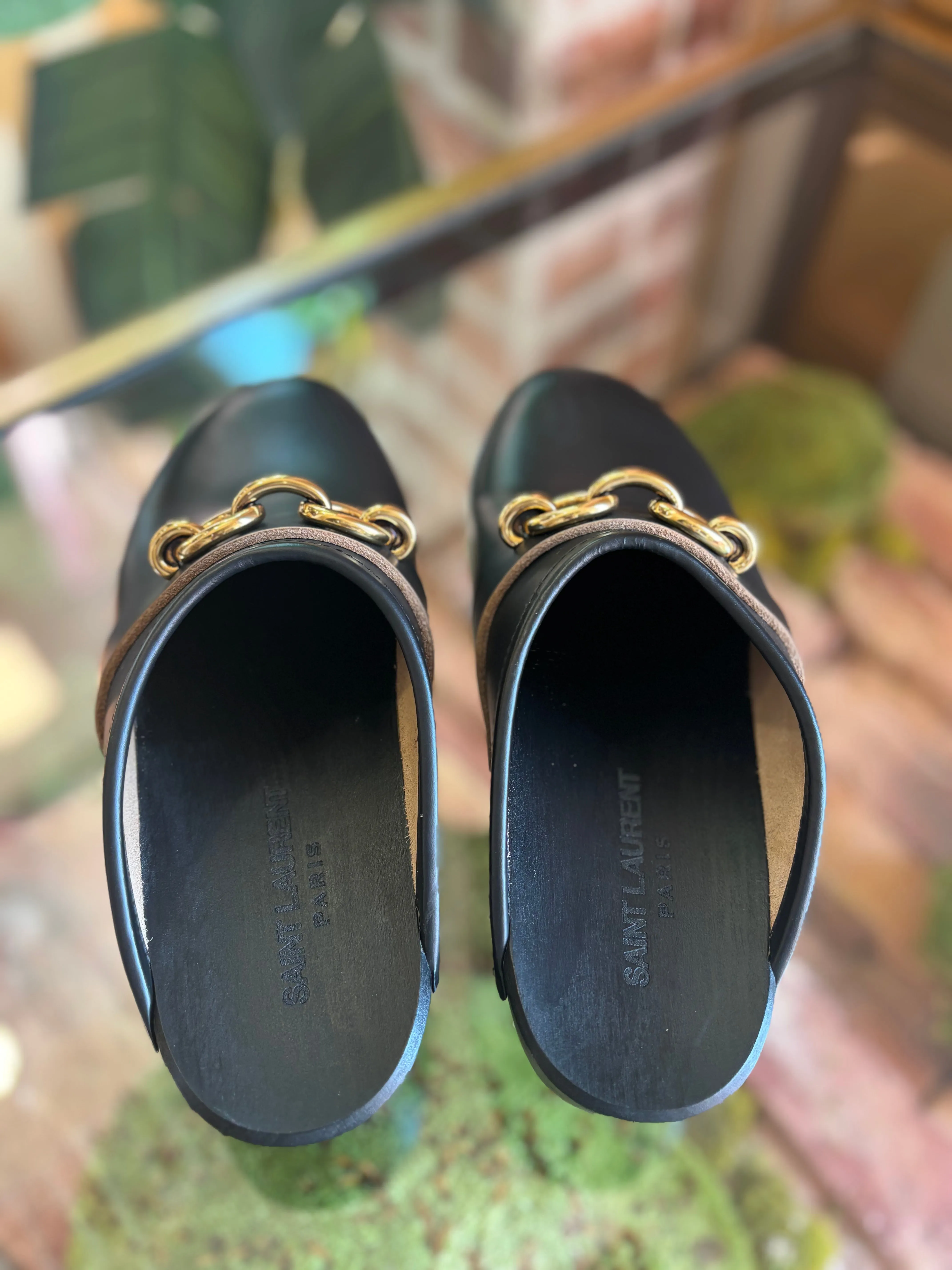 SAINT LAURENT Black Leather Clogs Sz 38