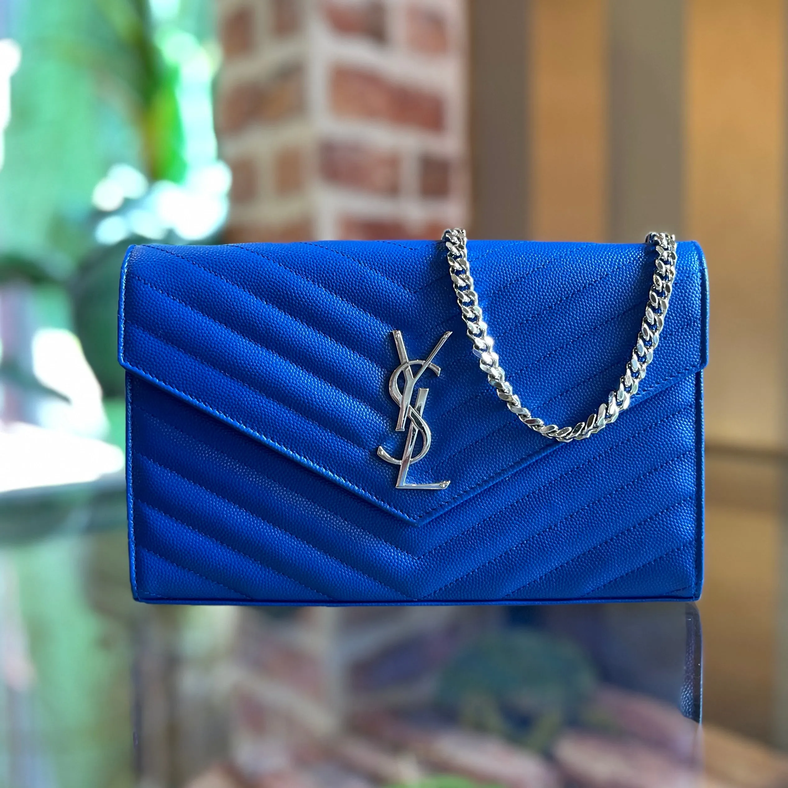 SAINT LAURENT Envelope Wallet On Chain Grain De Poudre Crossbody