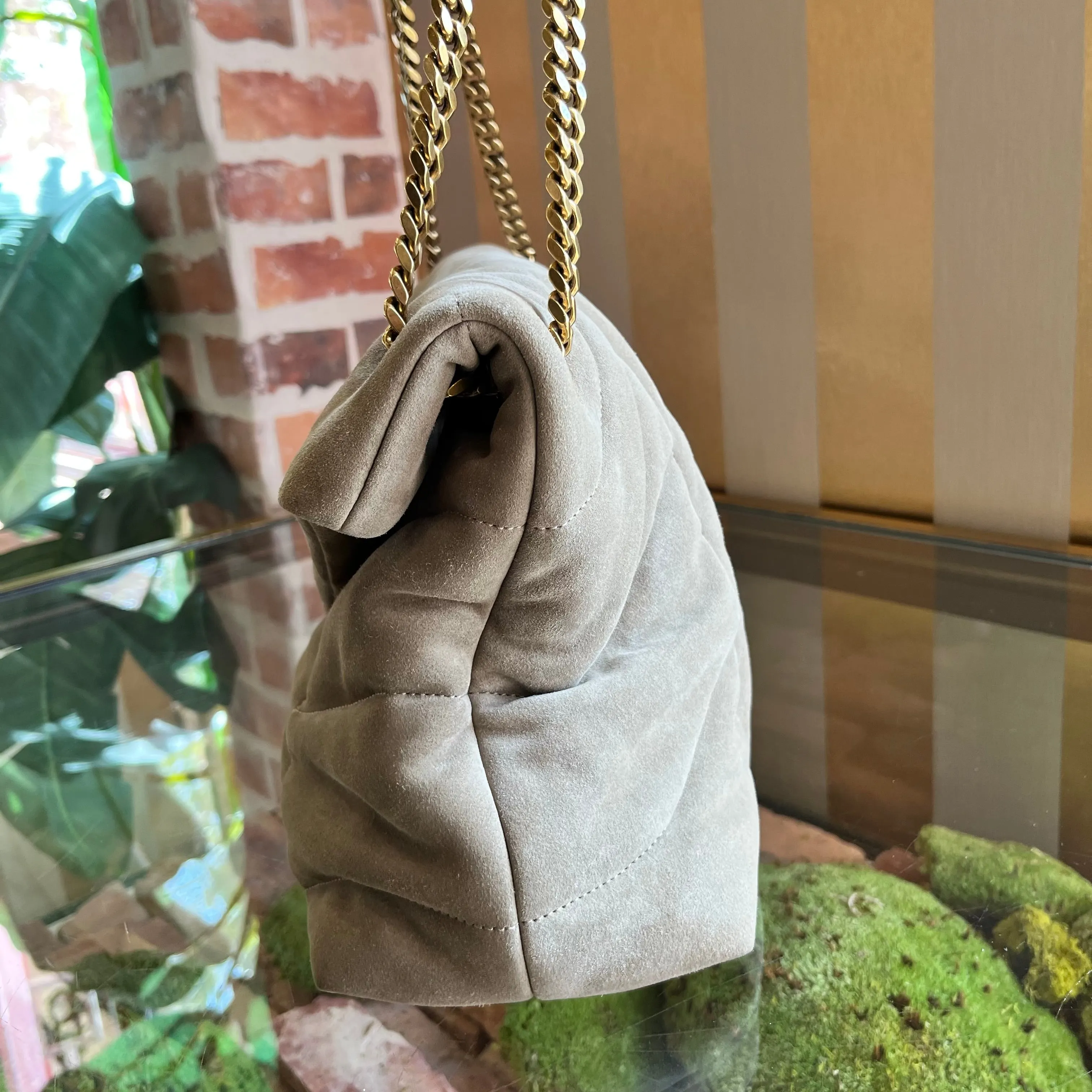 SAINT LAURENT Lou Puffer Medium Matte Gold Quilted Suede Crossbody Bag