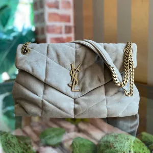 SAINT LAURENT Lou Puffer Medium Matte Gold Quilted Suede Crossbody Bag