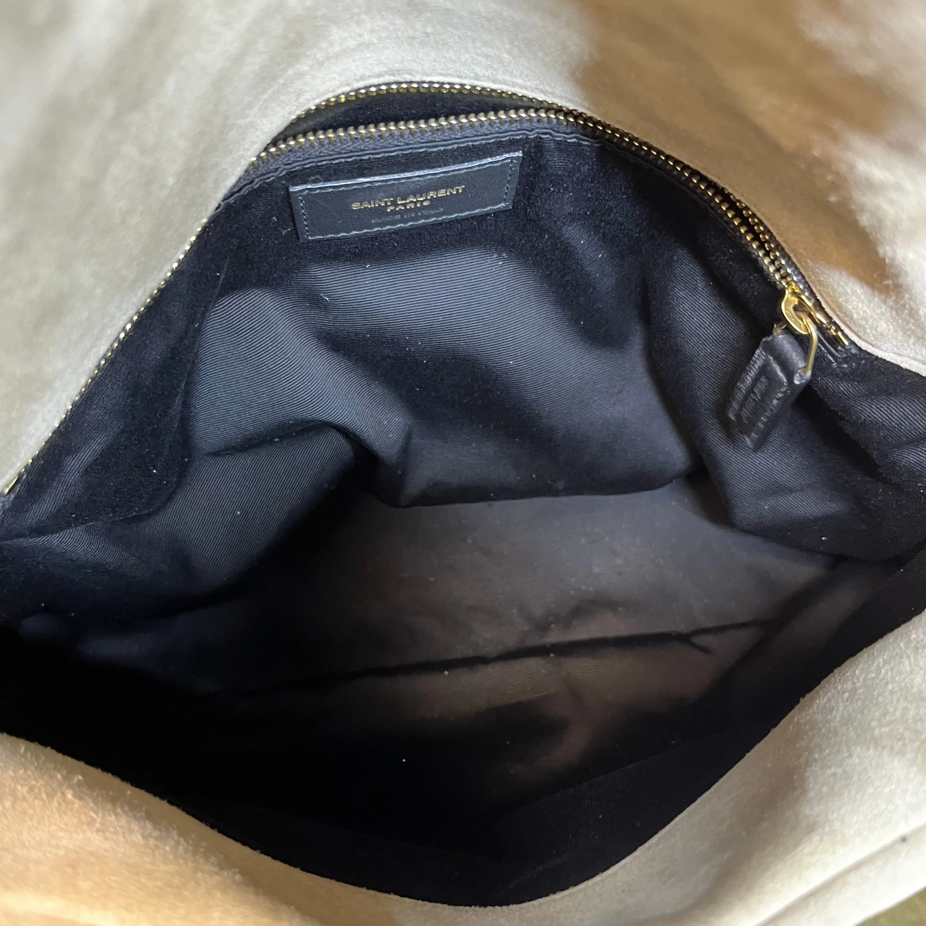 SAINT LAURENT Lou Puffer Medium Matte Gold Quilted Suede Crossbody Bag