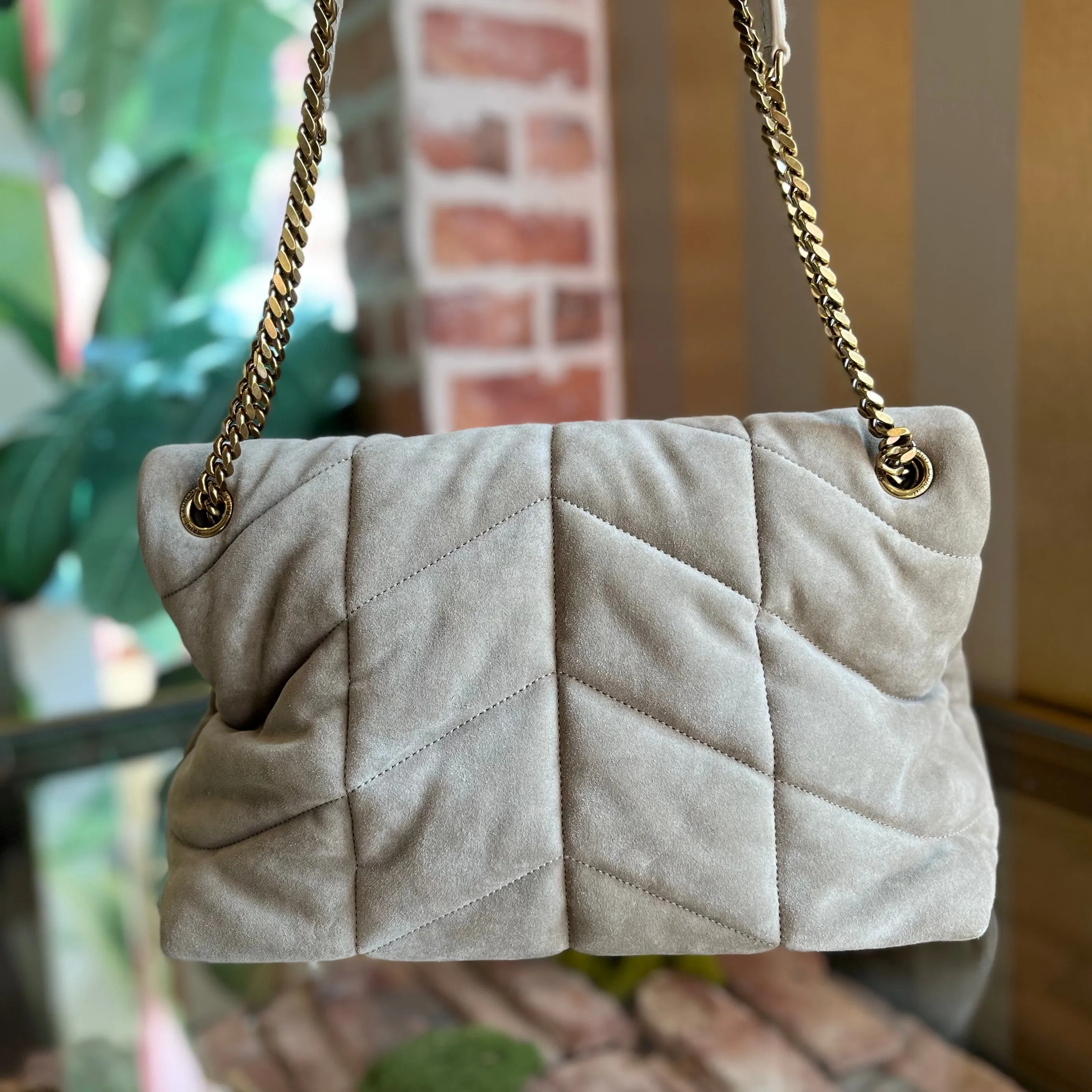 SAINT LAURENT Lou Puffer Medium Matte Gold Quilted Suede Crossbody Bag