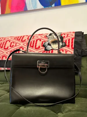 Salvatore Ferragamo Black Structured Leather Satchel