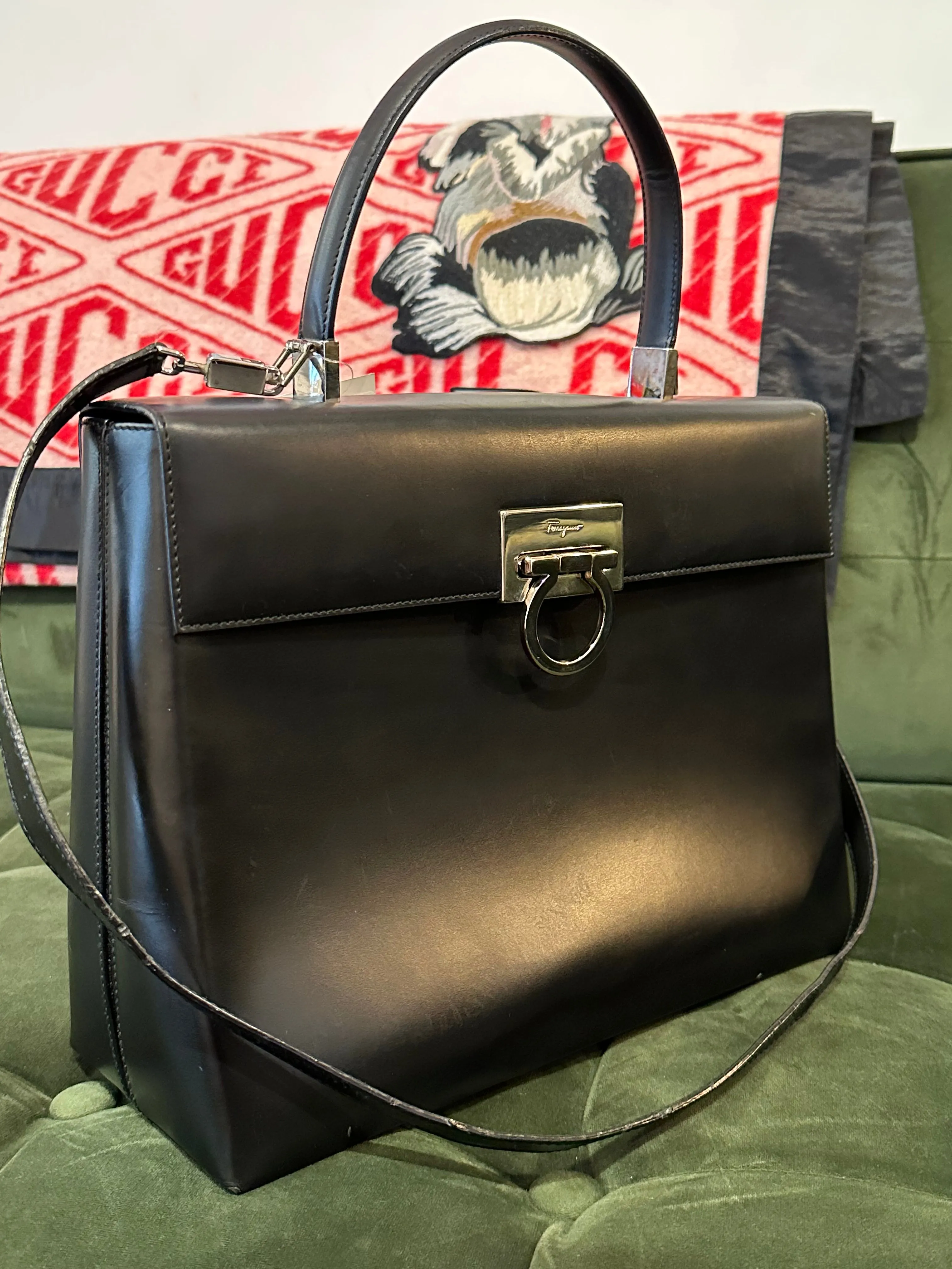 Salvatore Ferragamo Black Structured Leather Satchel