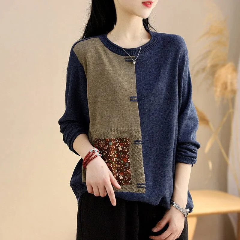 Women Spring Retro Patchwork Color Block Knitted Sweaters