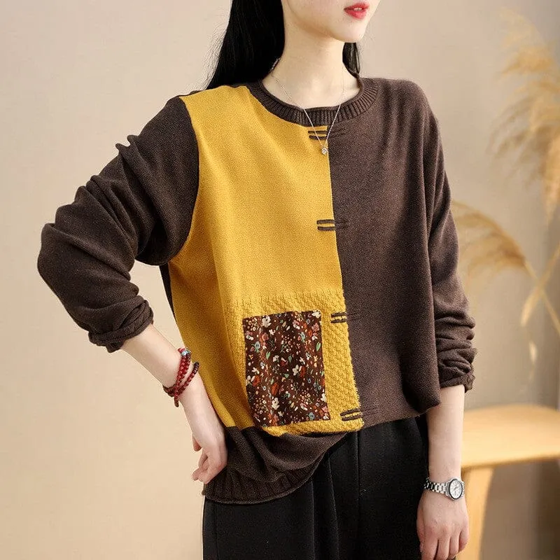 Women Spring Retro Patchwork Color Block Knitted Sweaters