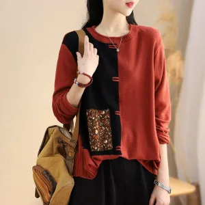 Women Spring Retro Patchwork Color Block Knitted Sweaters