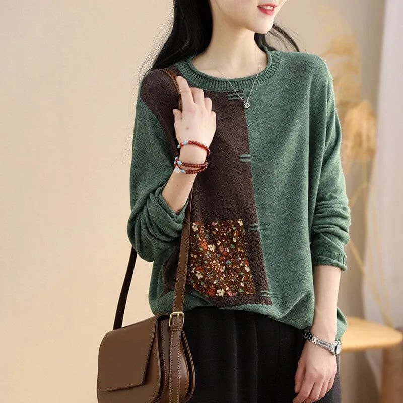Women Spring Retro Patchwork Color Block Knitted Sweaters