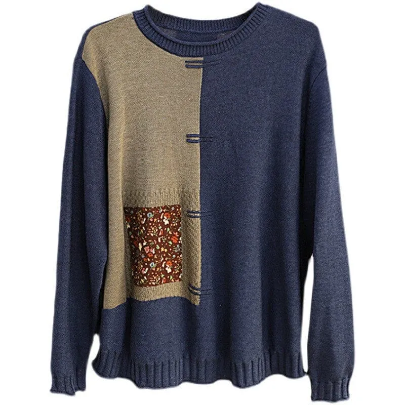 Women Spring Retro Patchwork Color Block Knitted Sweaters